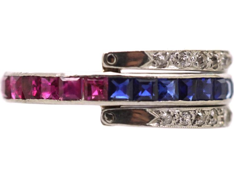 Art Deco 18ct White Gold Flip Over Ring set with Rubies, Sapphire & Diamonds
