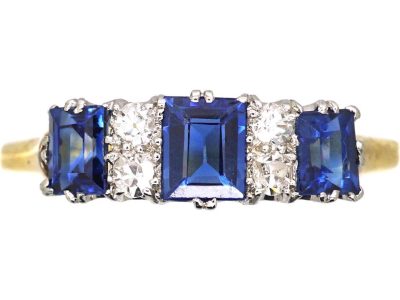 Edwardian 18ct Gold & Platinum, Three Stone Rectangular Cut Sapphire & Diamond Ring
