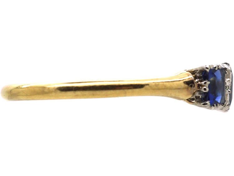 Edwardian 18ct Gold & Platinum, Three Stone Rectangular Cut Sapphire & Diamond Ring