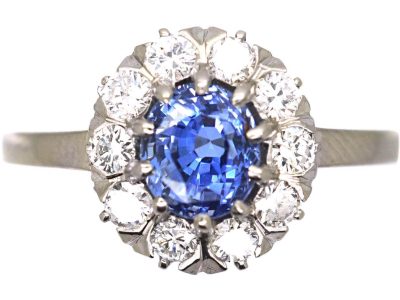 Early 20th Century 18ct White Gold, Sapphire & Diamond Oval Cluster Ring