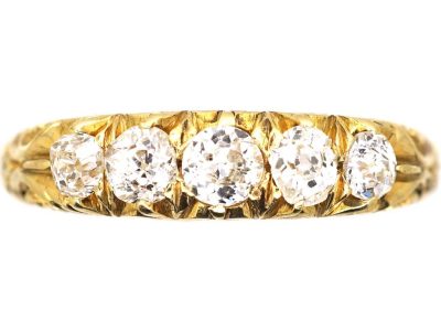 Edwardian 18ct Gold Five Stone Old Mine Cut Carved Half Hoop Ring with Ornate Shoulders