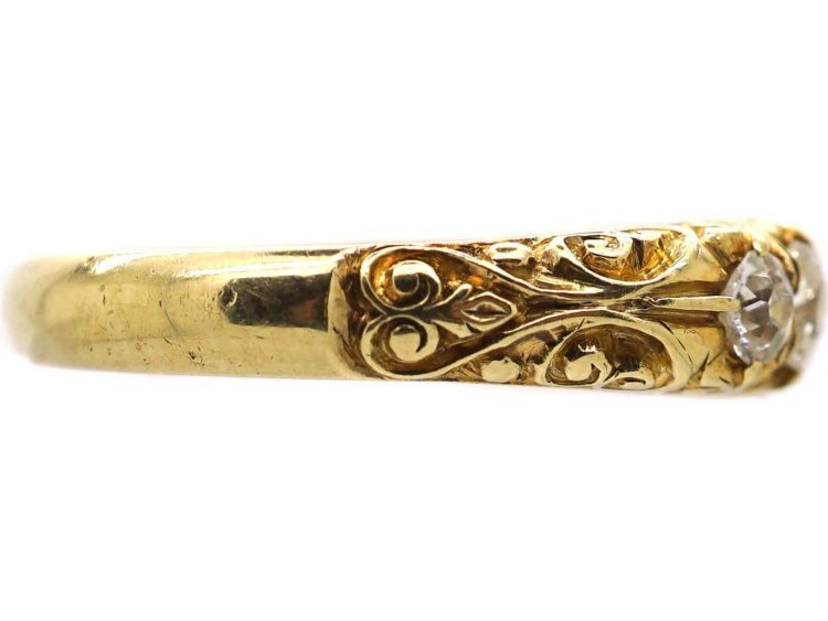 Edwardian 18ct Gold Five Stone Old Mine Cut Carved Half Hoop Ring with Ornate Shoulders