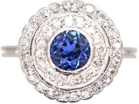 Edwardian 18ct Gold & Platinum, Sapphire & Diamond Two Row Cluster Ring