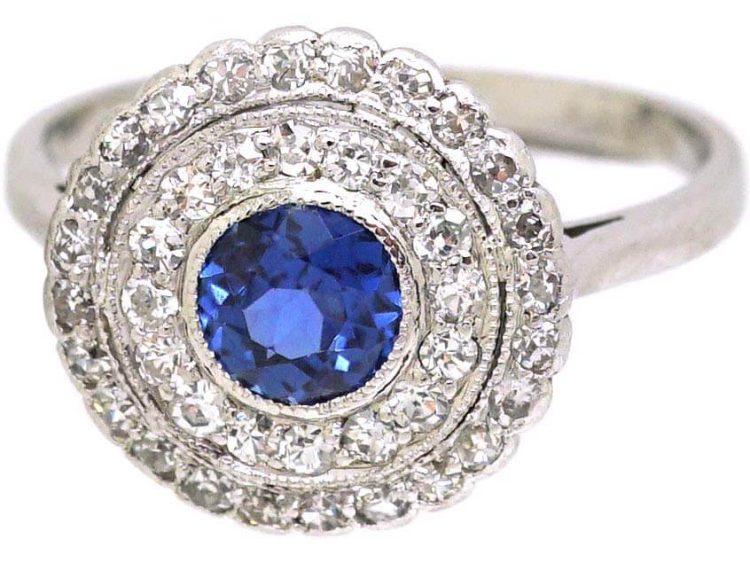 Edwardian 18ct Gold & Platinum, Sapphire & Diamond Two Row Cluster Ring