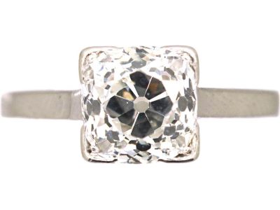 Art Deco Platinum Solitaire Old Mine Cut Diamond Ring in Square Setting