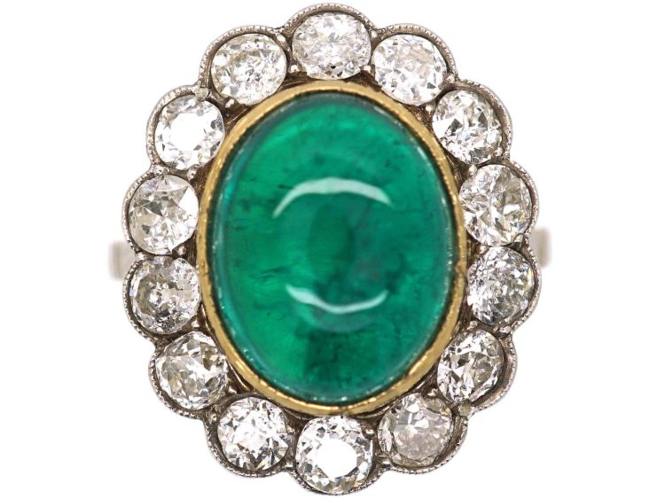 Early 20th Century Platinum Cabochon Emerald & Diamond Cluster Ring