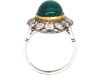 Early 20th Century Platinum Cabochon Emerald & Diamond Cluster Ring