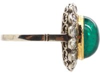 Early 20th Century Platinum Cabochon Emerald & Diamond Cluster Ring