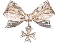 Mid 20th Century Silver Filigree Bow & Maltese Cross Brooch