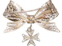 Mid 20th Century Silver Filigree Bow & Maltese Cross Brooch