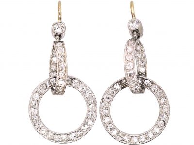 Edwardian Platinum Diamond Double Hoop Drop Earrings