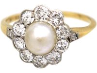 Edwardian 18ct Gold & Platinum Diamond & Natural Pearl Cluster Ring