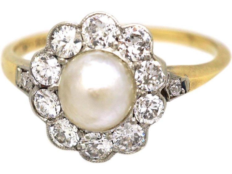 Edwardian 18ct Gold & Platinum Diamond & Natural Pearl Cluster Ring