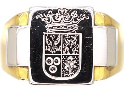 Art Deco Platinum & 18ct Gold Signet Ring with Engraved Crest