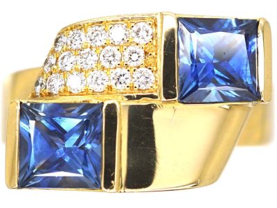 French 18ct Gold Cross Over Ring set with Square Cut Sapphires & Diamonds