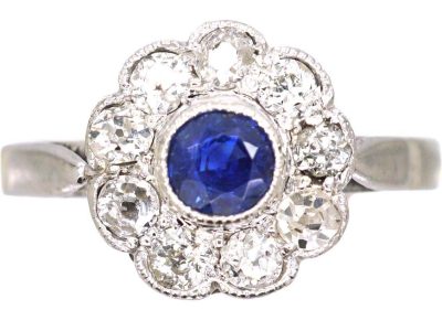 Edwardian Platinum Sapphire & Diamond Cluster Ring