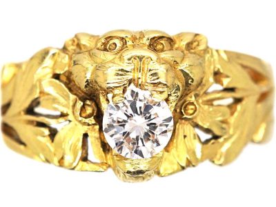 Swedish Art Nouveau 18ct Gold Leopard's Mask Ring set with a Diamond