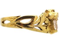 Swedish Art Nouveau 18ct Gold Leopard's Mask Ring set with a Diamond