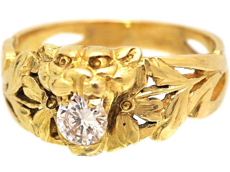 Swedish Art Nouveau 18ct Gold Leopard's Mask Ring set with a Diamond