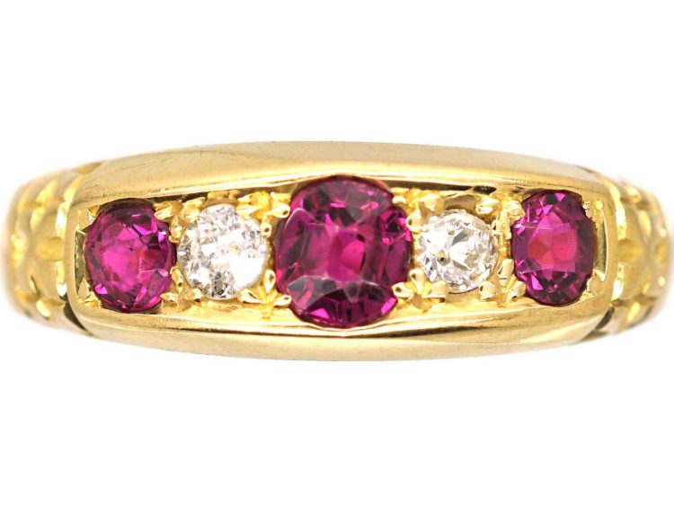 Edwardian 18ct Gold Three Stone Ruby & Diamond Ring with Criss Cross Motif on the Shoulders