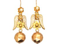 19th Century 15ct & 18ct Two Colour Gold & Natural Split Pearl Angel's Wings Drop Earrings