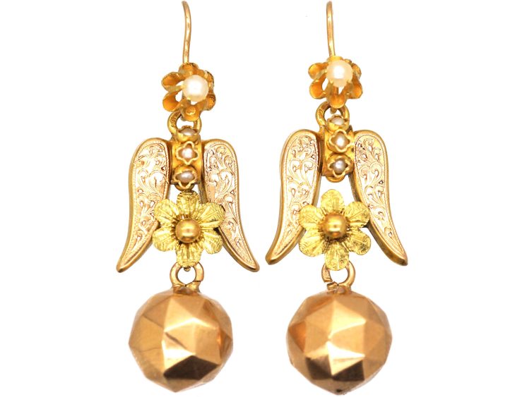 19th Century 15ct & 18ct Two Colour Gold & Natural Split Pearl Angel's Wings Drop Earrings