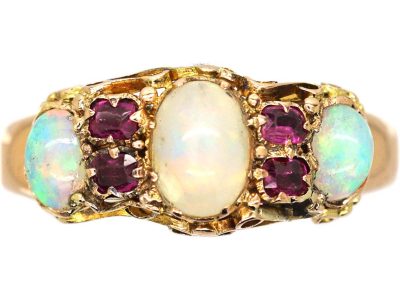 Early Victorian 15ct Gold Three Stone Opal & Ruby Ring