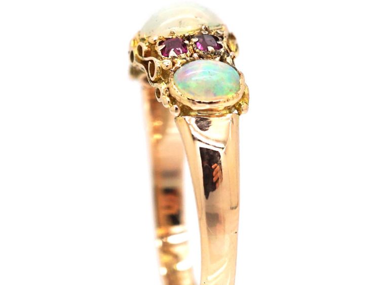 Early Victorian 15ct Gold Three Stone Opal & Ruby Ring