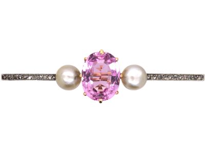 Edwardian 15ct Gold & Platinum, Pink Topaz, Rose Diamond & Natural Pearl Brooch