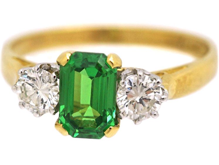 18ct Gold Ring set with a Green Garnet & Two Diamonds