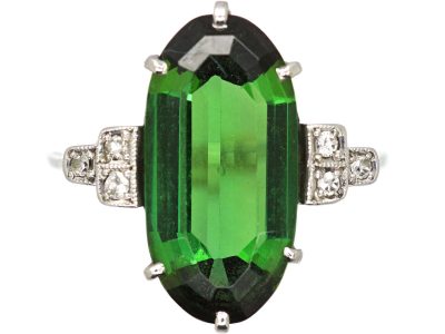 Art Deco Platinum Ring set with an Oval Green Tourmaline with Diamond Set Shoulders