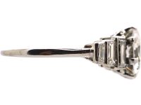 Art Deco Platinum, Diamond Solitaire Ring with Step Cut Shoulders set with Baguette Diamonds
