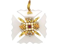 Georgian Three Colour Gold & Chalcedony Maltese Cross set with a Ruby & Natural Split Pearls