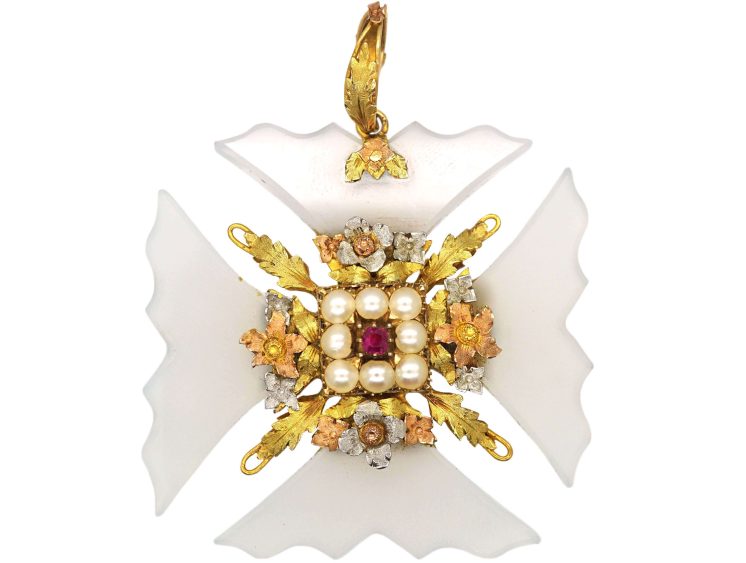 Georgian Three Colour Gold & Chalcedony Maltese Cross set with a Ruby & Natural Split Pearls