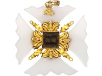 Georgian Three Colour Gold & Chalcedony Maltese Cross set with a Ruby & Natural Split Pearls