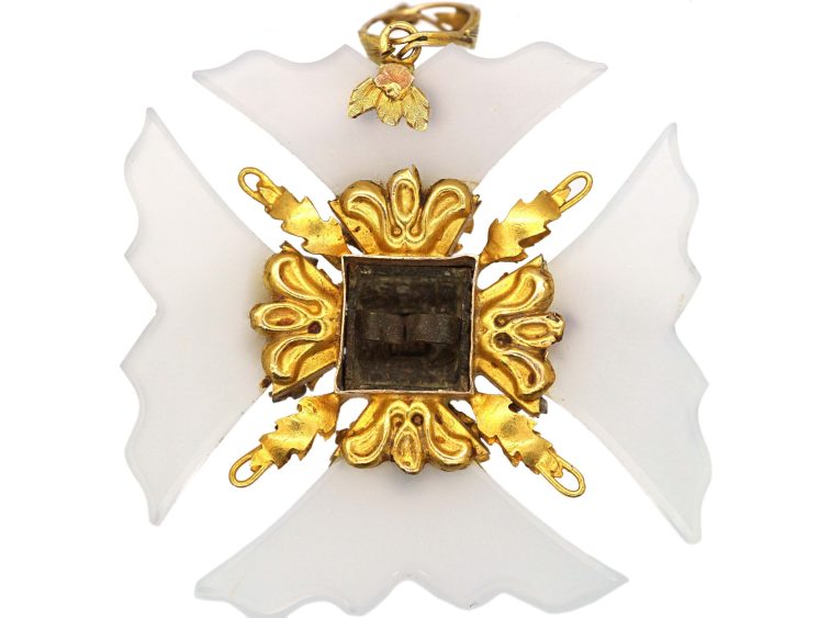 Georgian Three Colour Gold & Chalcedony Maltese Cross set with a Ruby & Natural Split Pearls