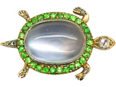 Edwardian 15ct Gold Tortoise Brooch set with a Moonstone, Green Garnets & Rose Diamonds