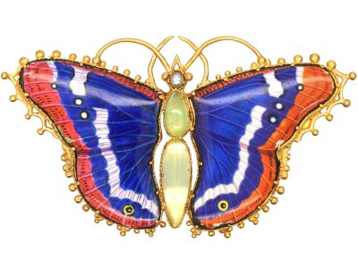 Regency 15ct Gold & Enamel Butterfly set with Chrysoprase & a Natural Split Pearl