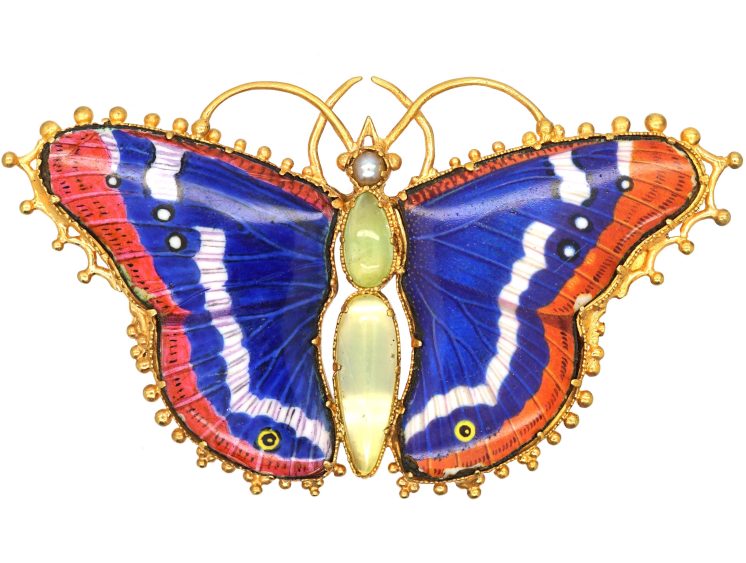 Regency 15ct Gold & Enamel Butterfly set with Chrysoprase & a Natural Split Pearl