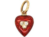 Edwardian 9ct Gold & Red Enamel Small Heart Shaped Pendant set with Diamonds