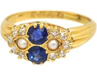 Edwardian 18ct Gold Two Stone Sapphire, Natural Split Pearl & Diamond Ring