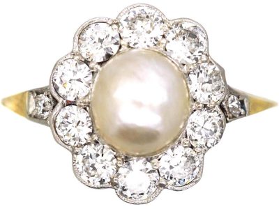 Edwardian 18ct Gold & Platinum Diamond & Natural Pearl Cluster Ring