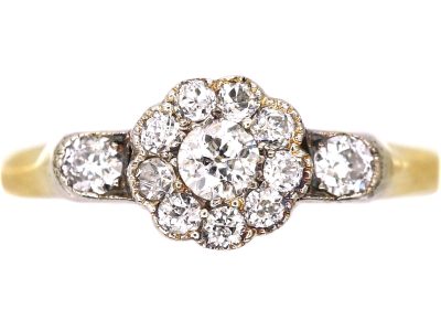 Edwardian 18ct Gold & Platinum Diamond Cluster Ring with Diamond set Shoulders