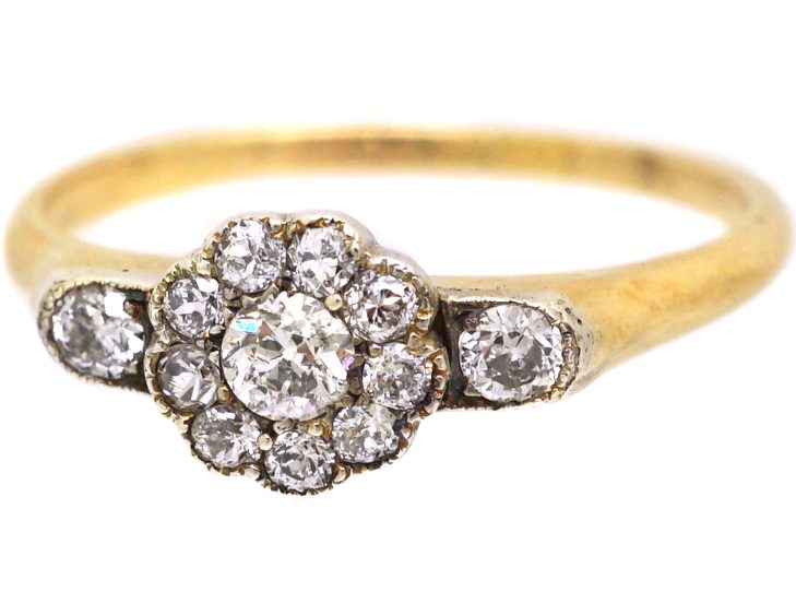 Edwardian 18ct Gold & Platinum Diamond Cluster Ring with Diamond set Shoulders