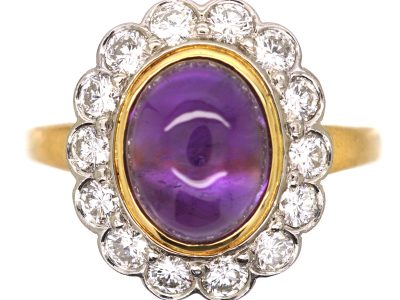 Vintage 18ct Gold, Cabochon Amethyst & Diamond Oval Cluster Ring