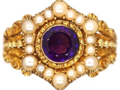 Georgian 18ct Gold, Amethyst & Natural Split Pearl Cluster Ring