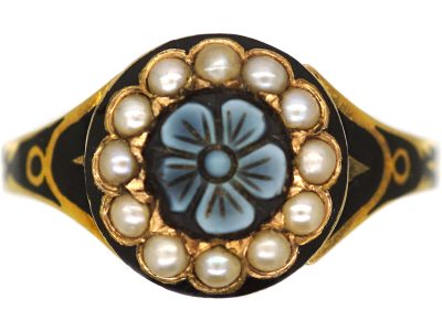 Victorian 15ct Gold & Black Enamel Ring with Onyx Flower Surrounded by Natural Split Pearls