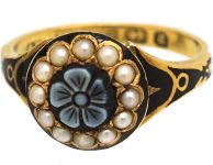 Victorian 15ct Gold & Black Enamel Ring with Onyx Flower Surrounded by Natural Split Pearls
