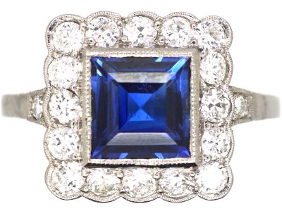Art Deco 18ct White Gold Square Ring set with a Sapphire & Diamonds