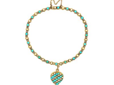 Victorian 15ct Gold Bracelet with Weeping Heart Locket set with Turquoise & Natural Split Pearls